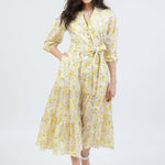 belted maxi dress in yellow floral - front