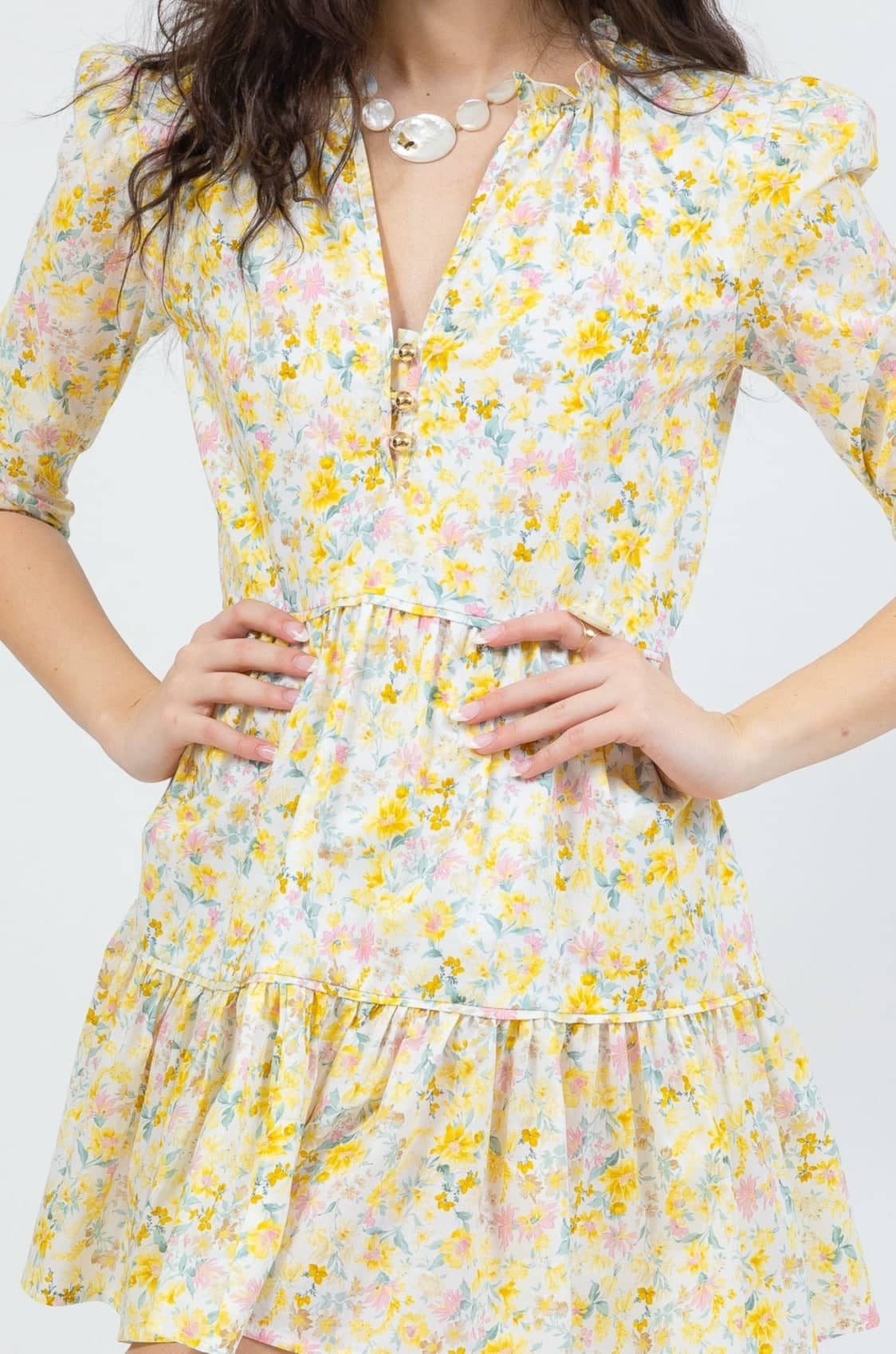 boho mini dress in yellow floral by cari capri - design details