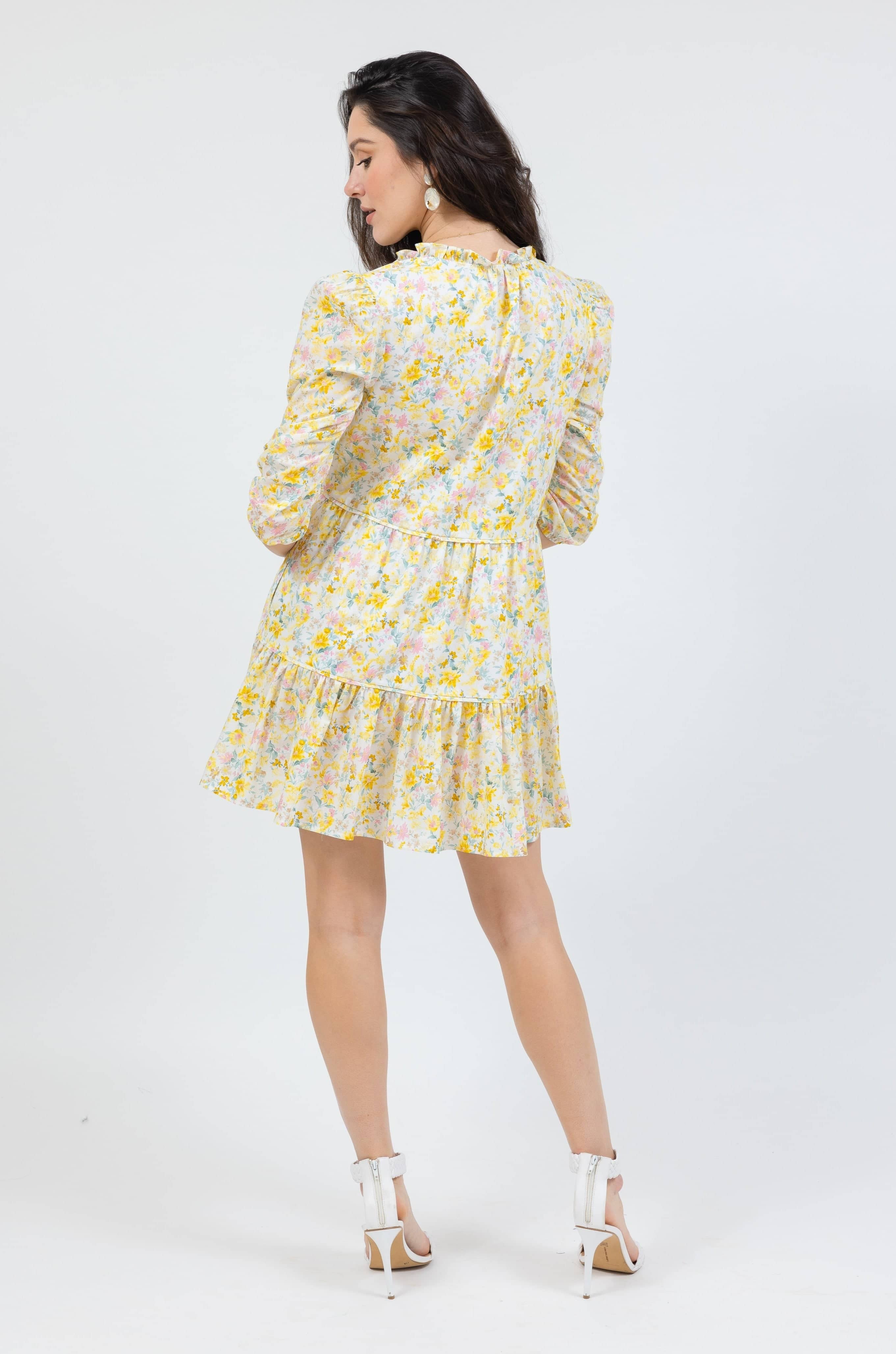 boho mini dress in yellow floral by cari capri - back