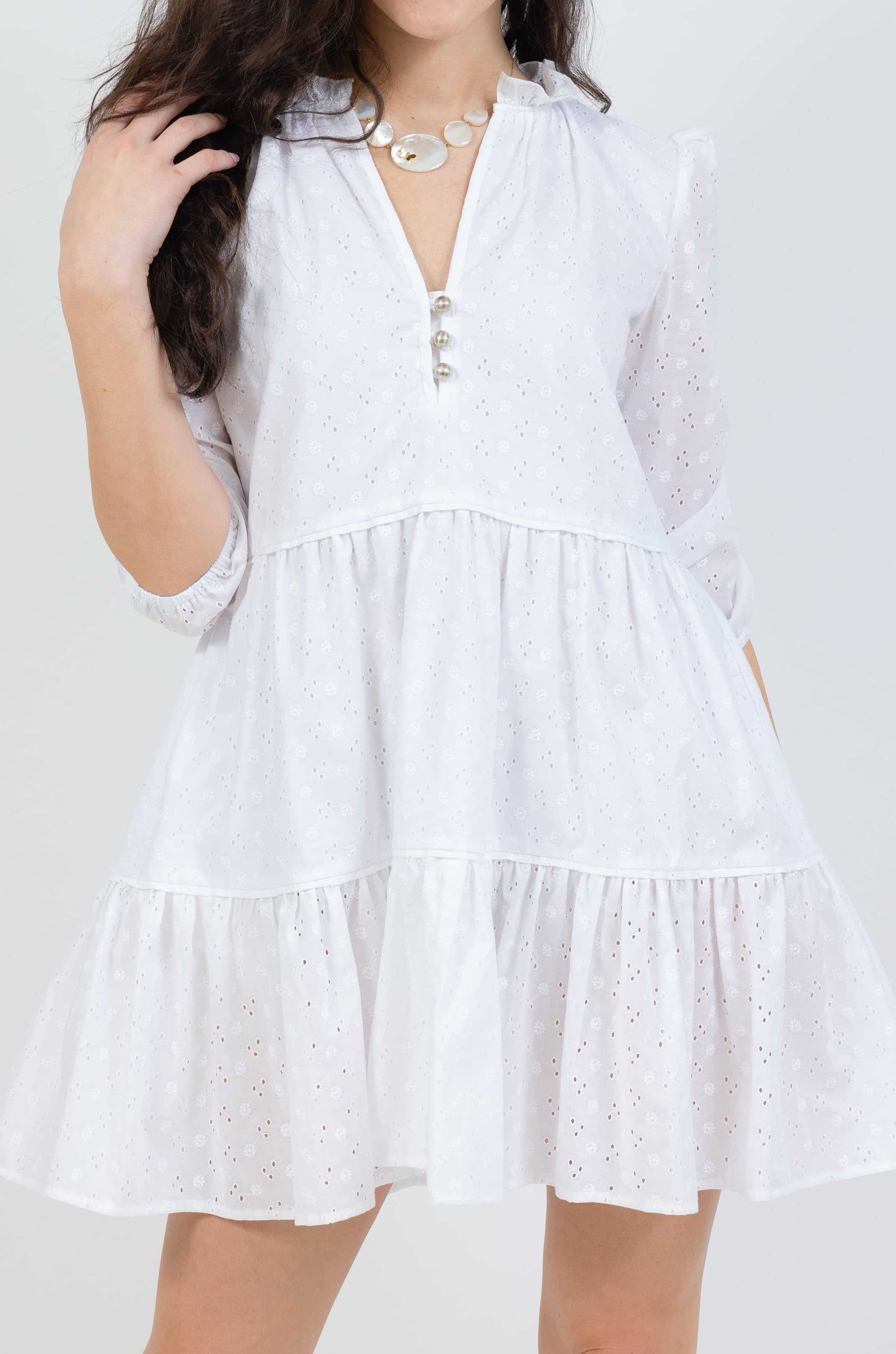 santorini mini dress in white eyelet color - design details