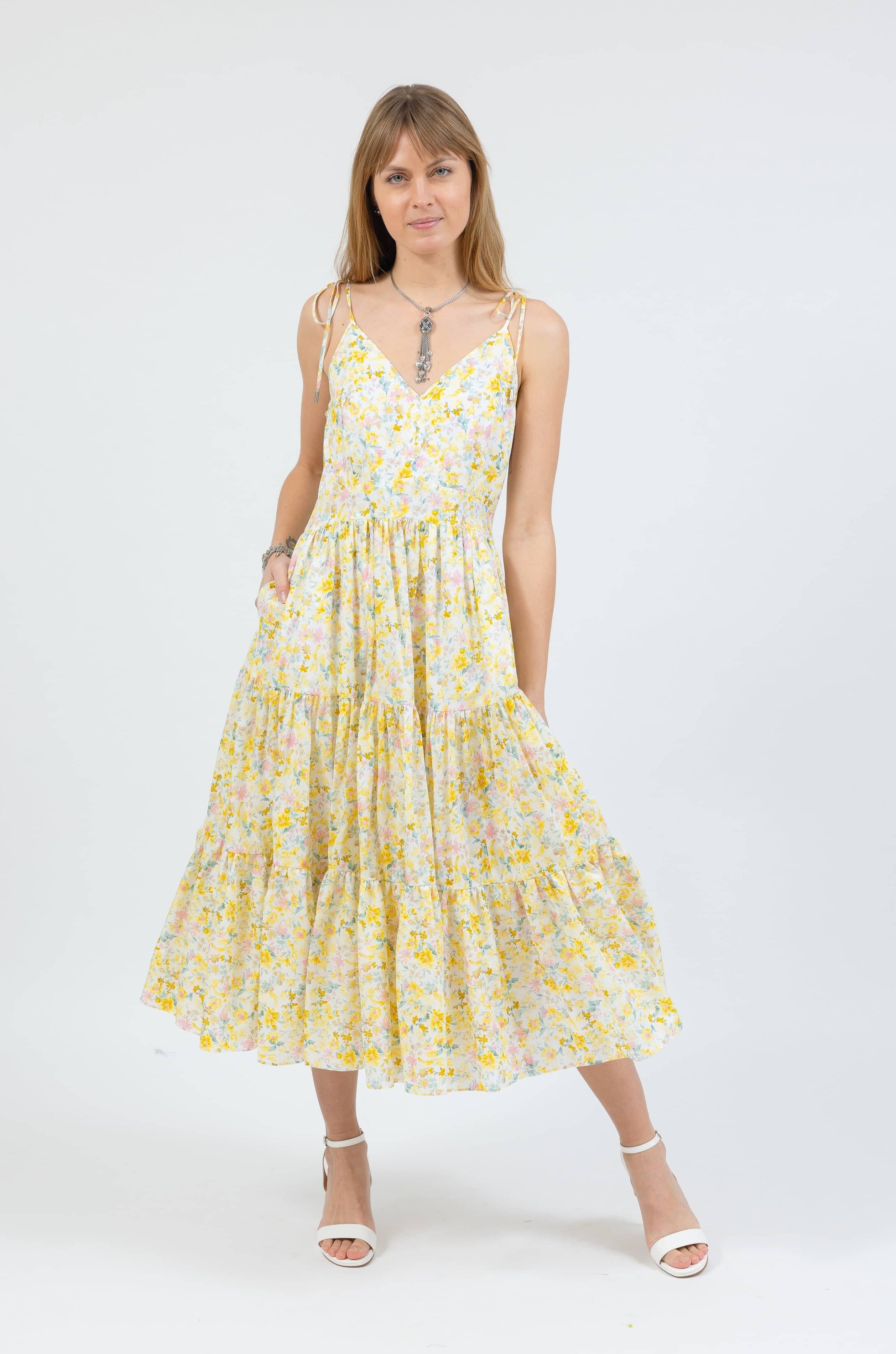 strappy maxi dress in yellow floral - front