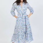 belted maxi dress in blue floral - front