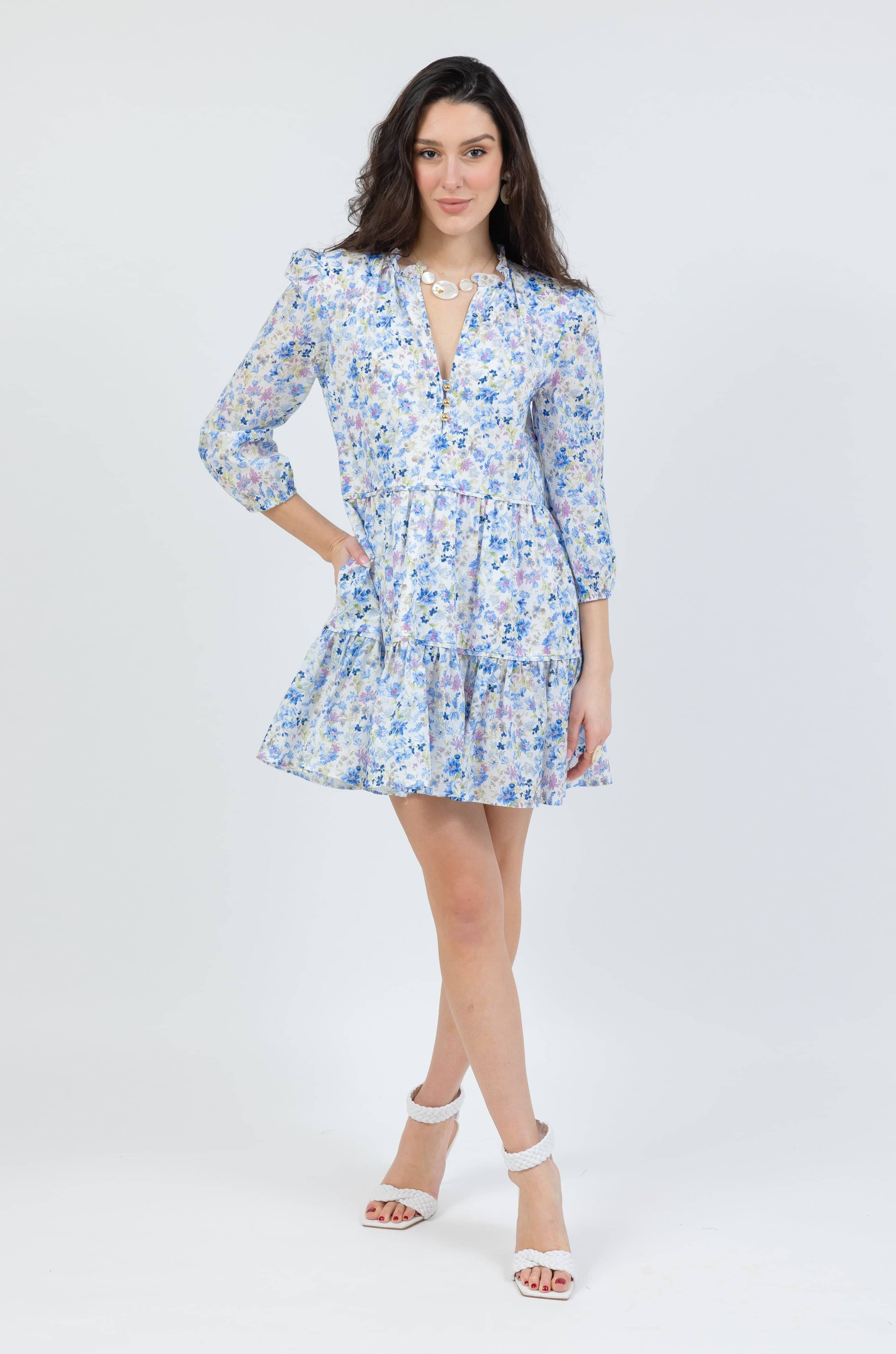 boho mini dress in blue floral by cari capri - front