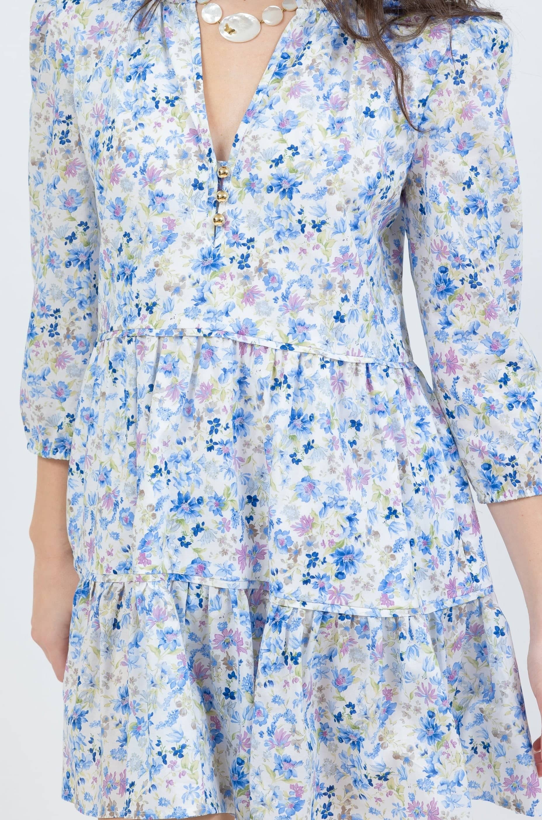 boho mini dress in blue floral by cari capri - design detail