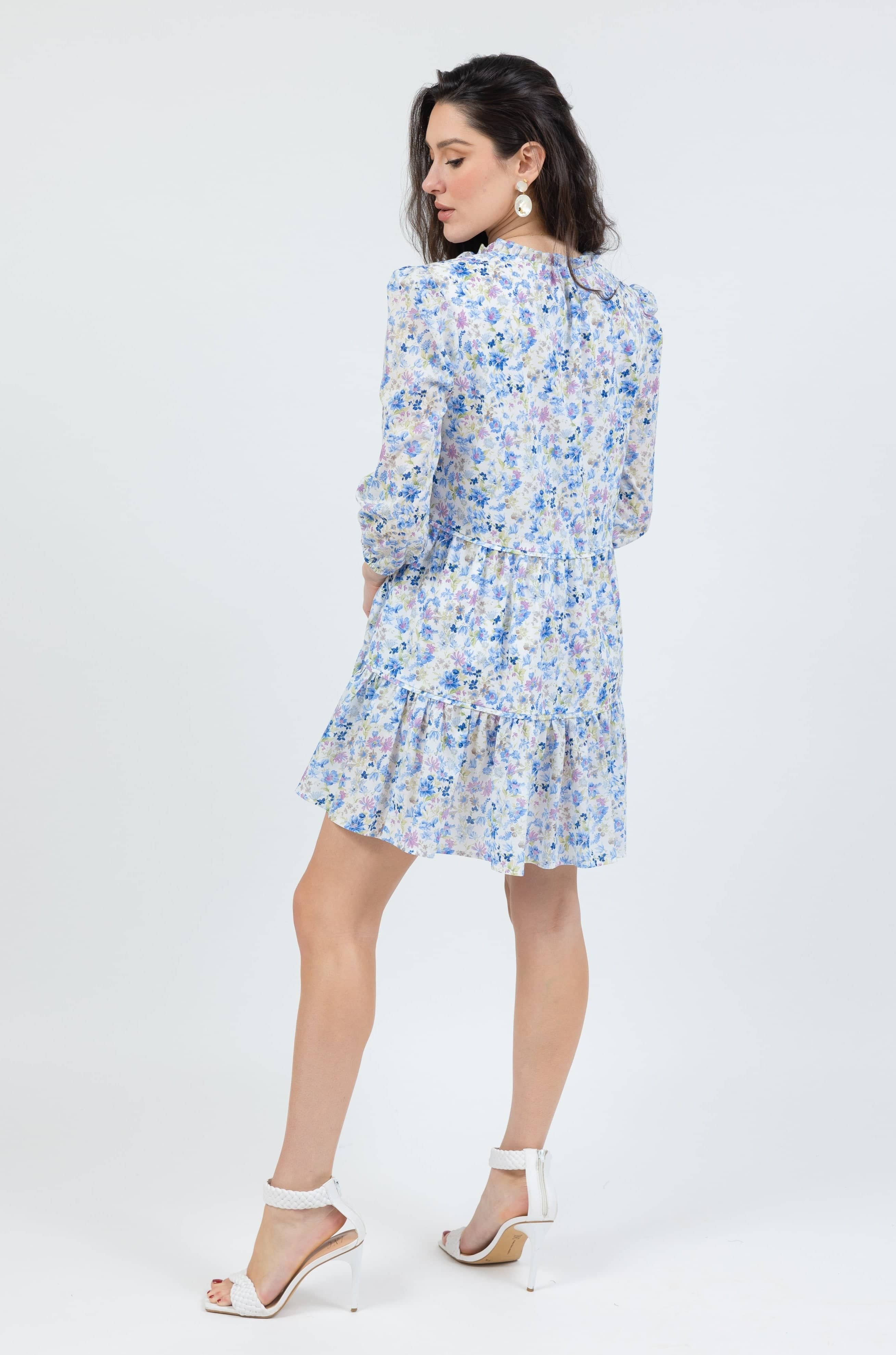 boho mini dress in blue floral by cari capri - back