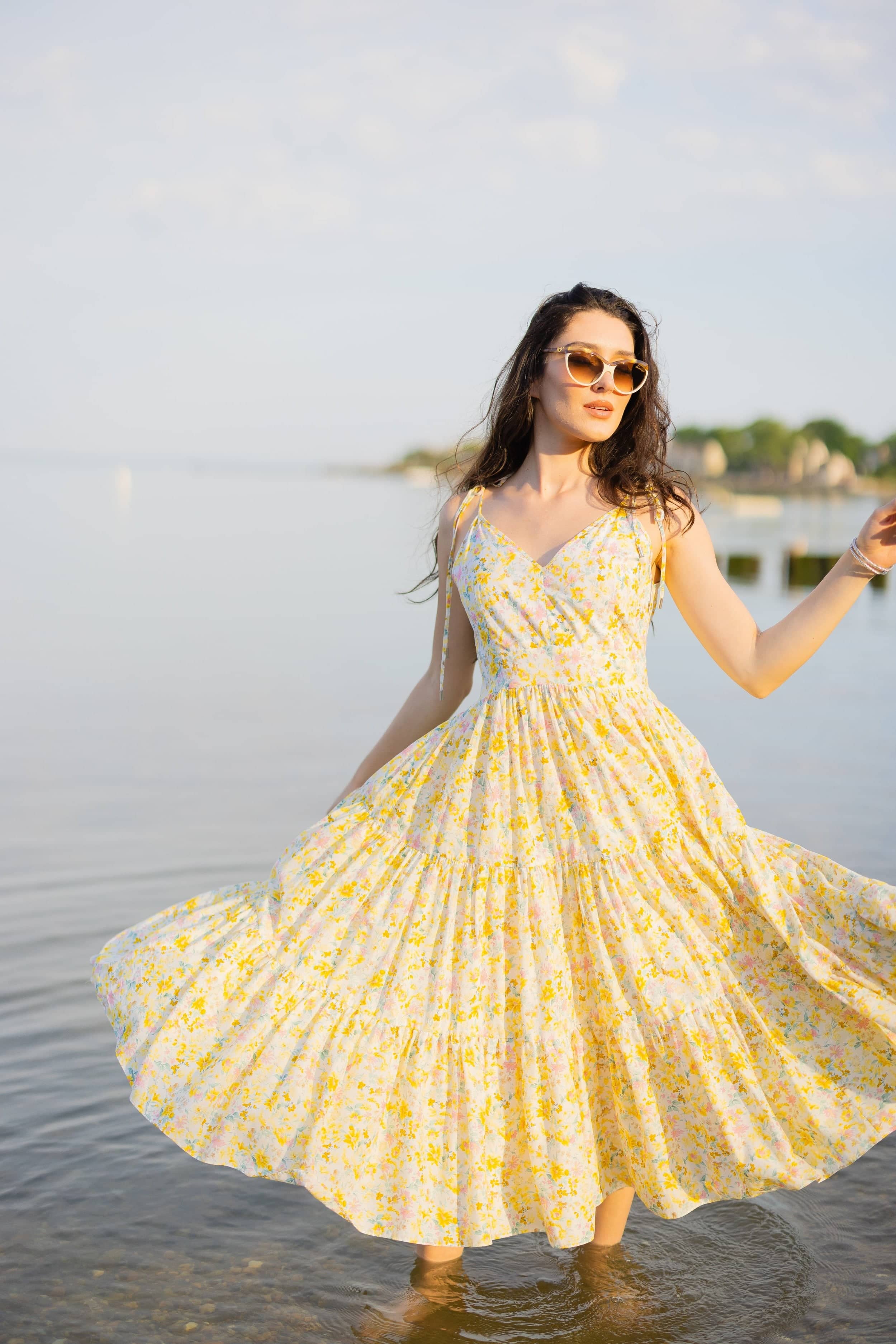 Gown : White georgette yellow leaves printed anarkali gown