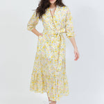 belted maxi dress in yellow floral - luxury women's dress