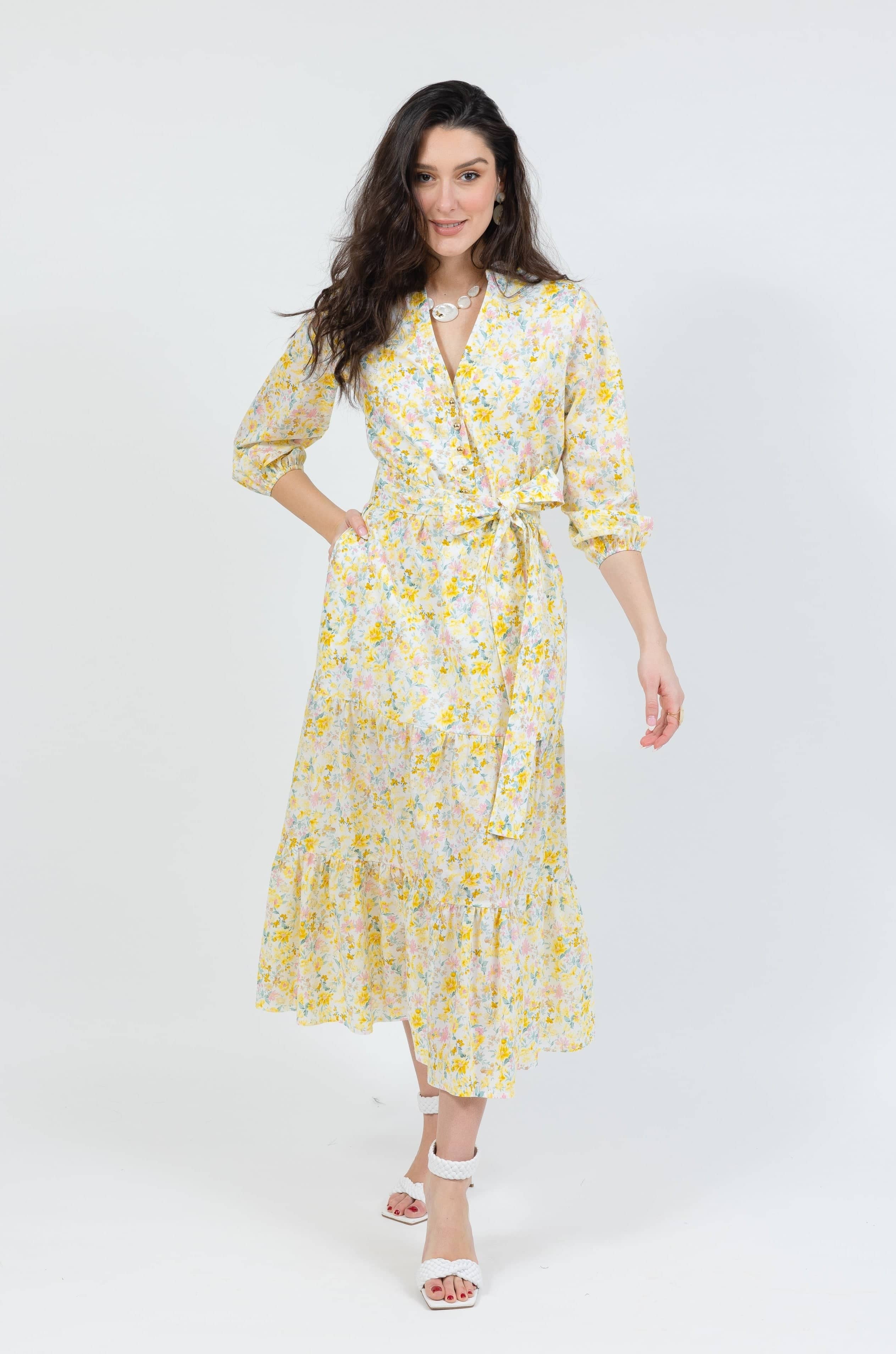 belted maxi dress in yellow floral - luxury women's dress