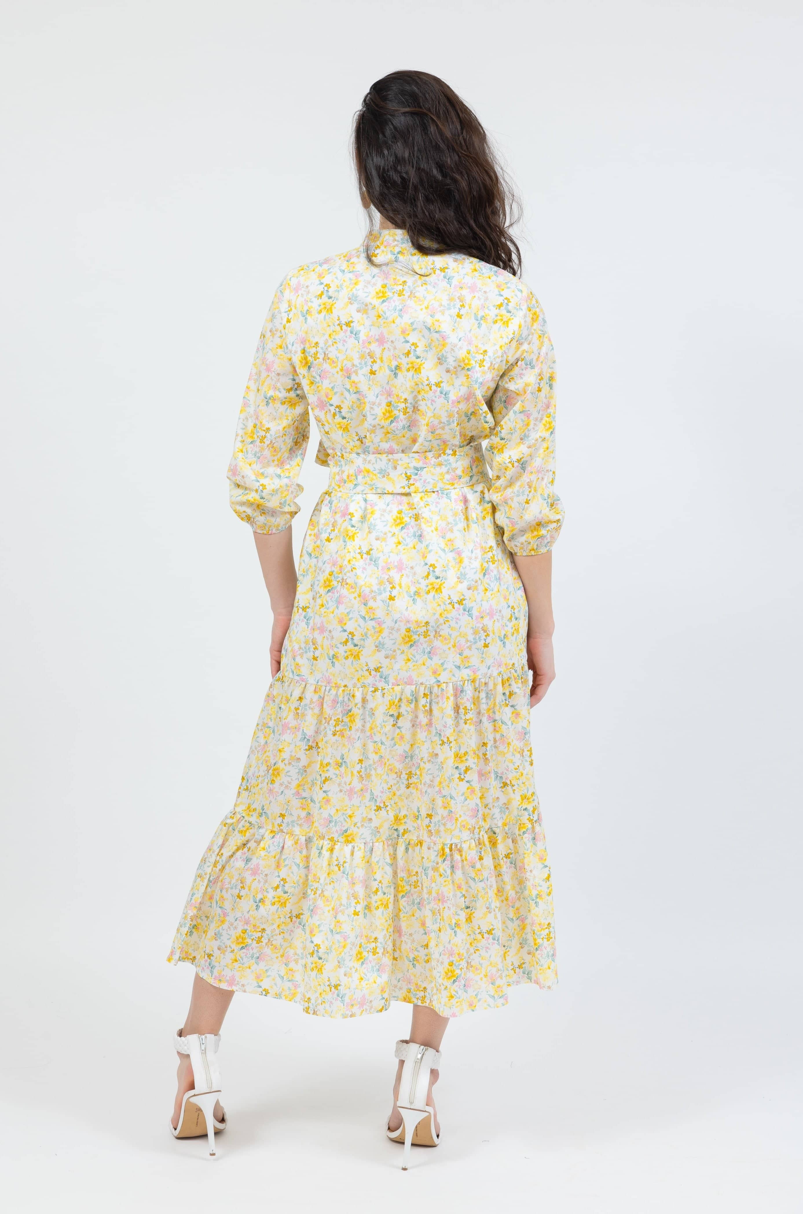 belted maxi dress in yellow floral - back