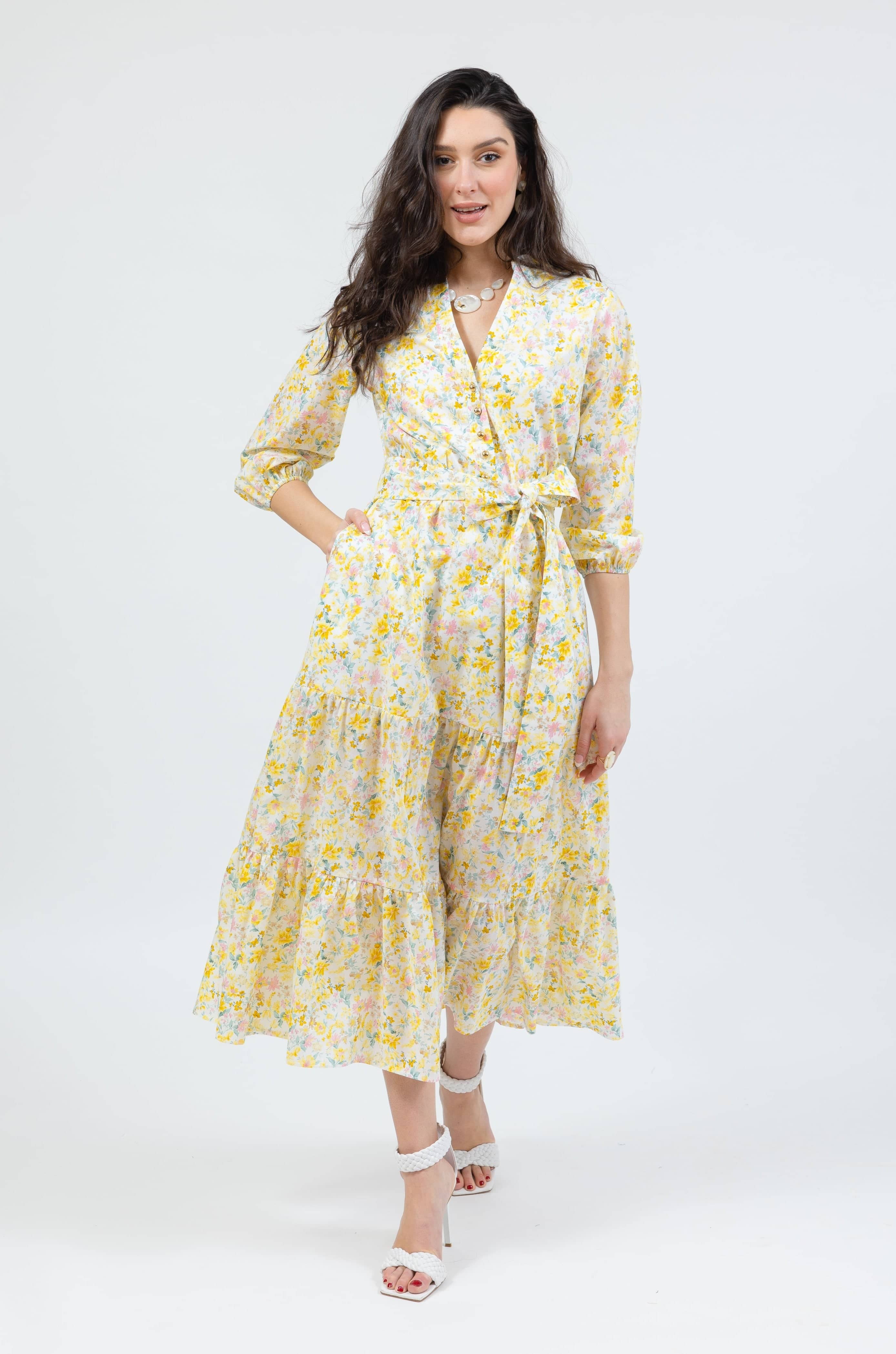 belted maxi dress in yellow floral - front