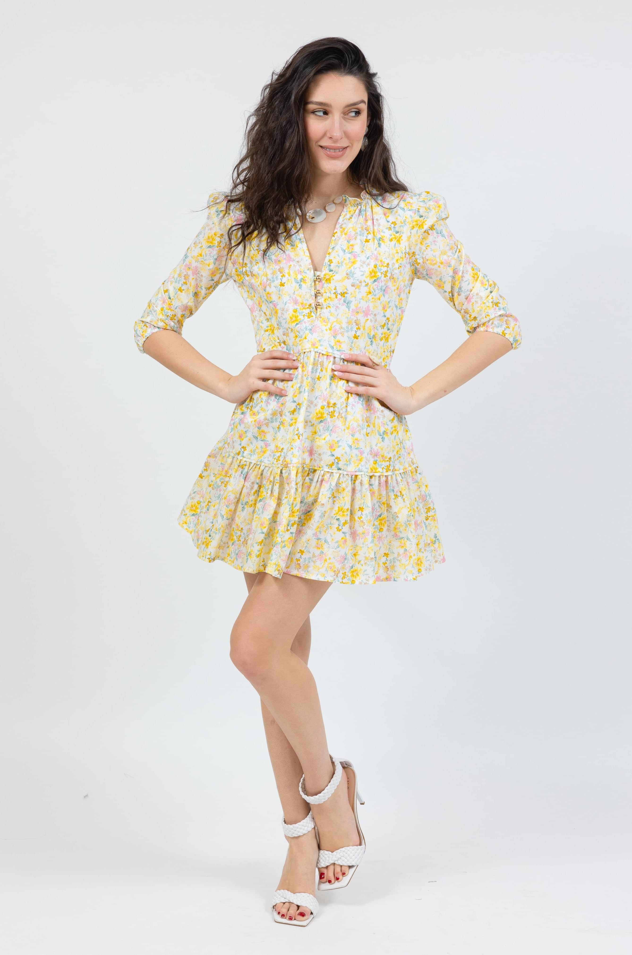 boho mini dress in yellow floral by cari capri - front