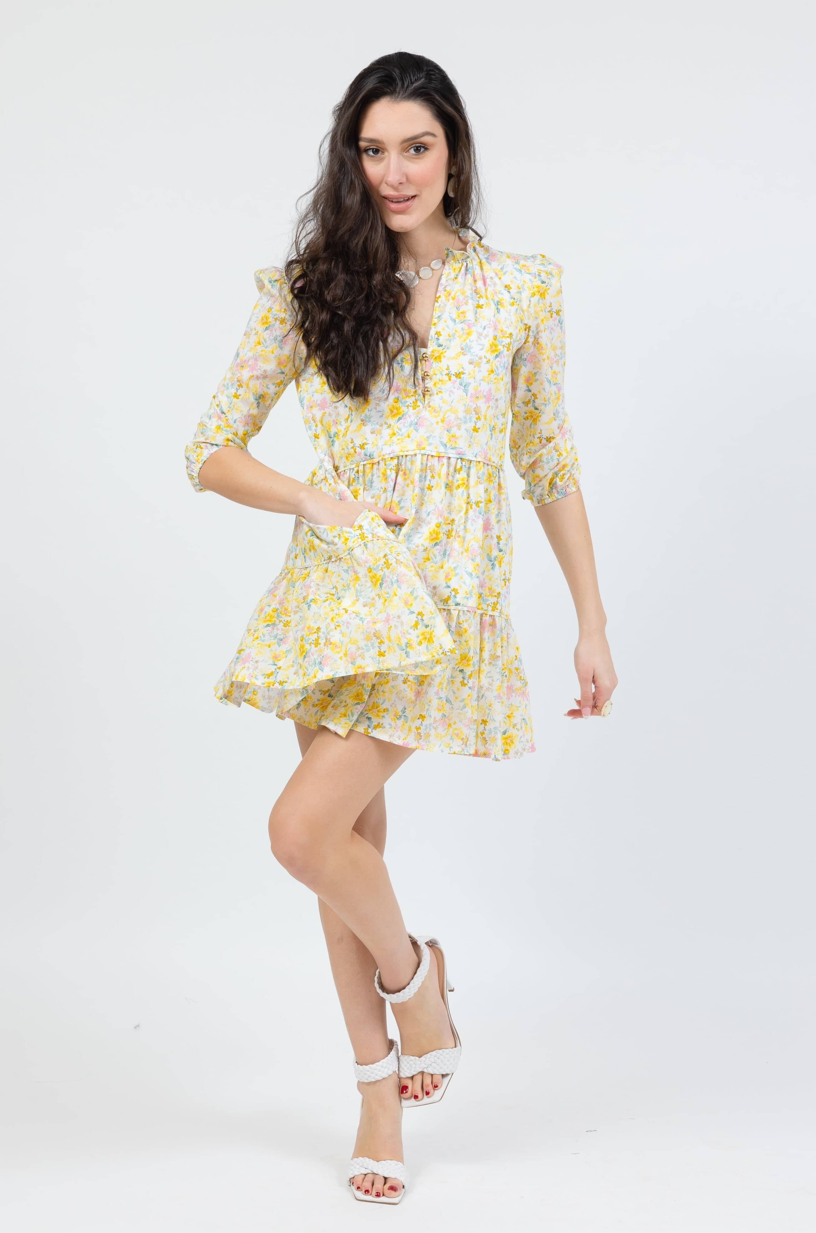 boho mini dress in yellow floral by cari capri - luxury women's mini dress