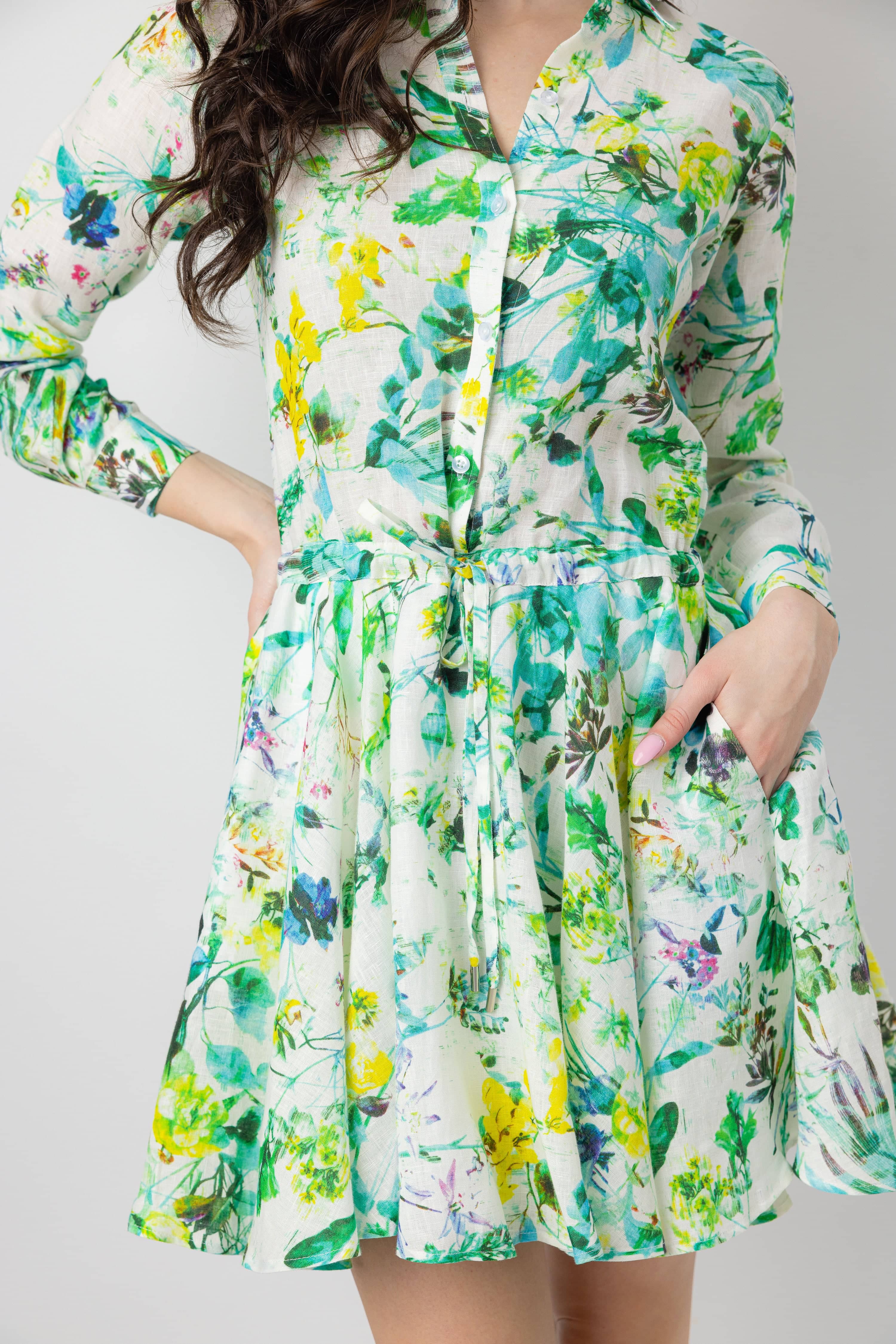 monaco linen dress in green floral - design details