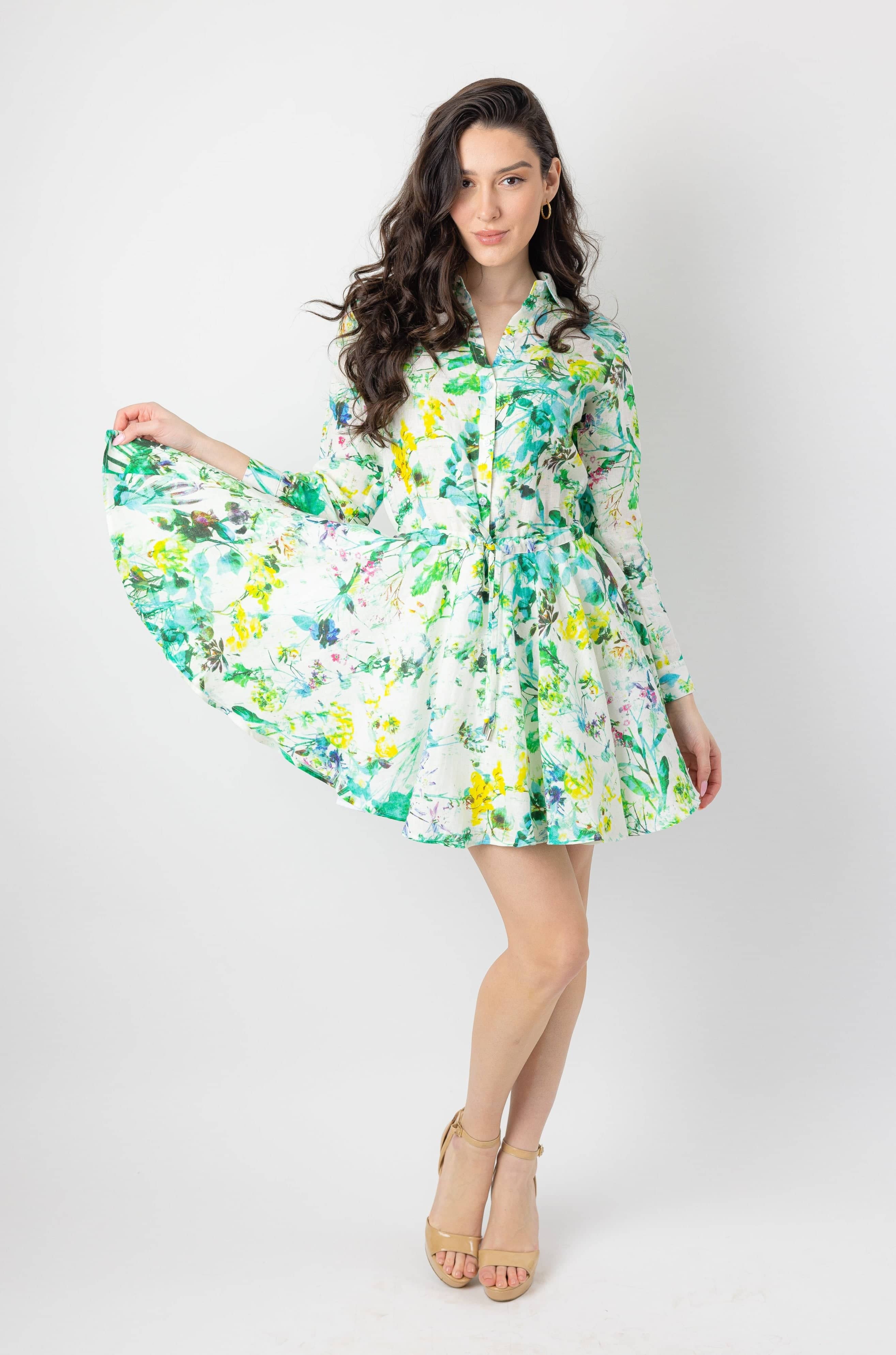 monaco linen dress in green floral - front lower