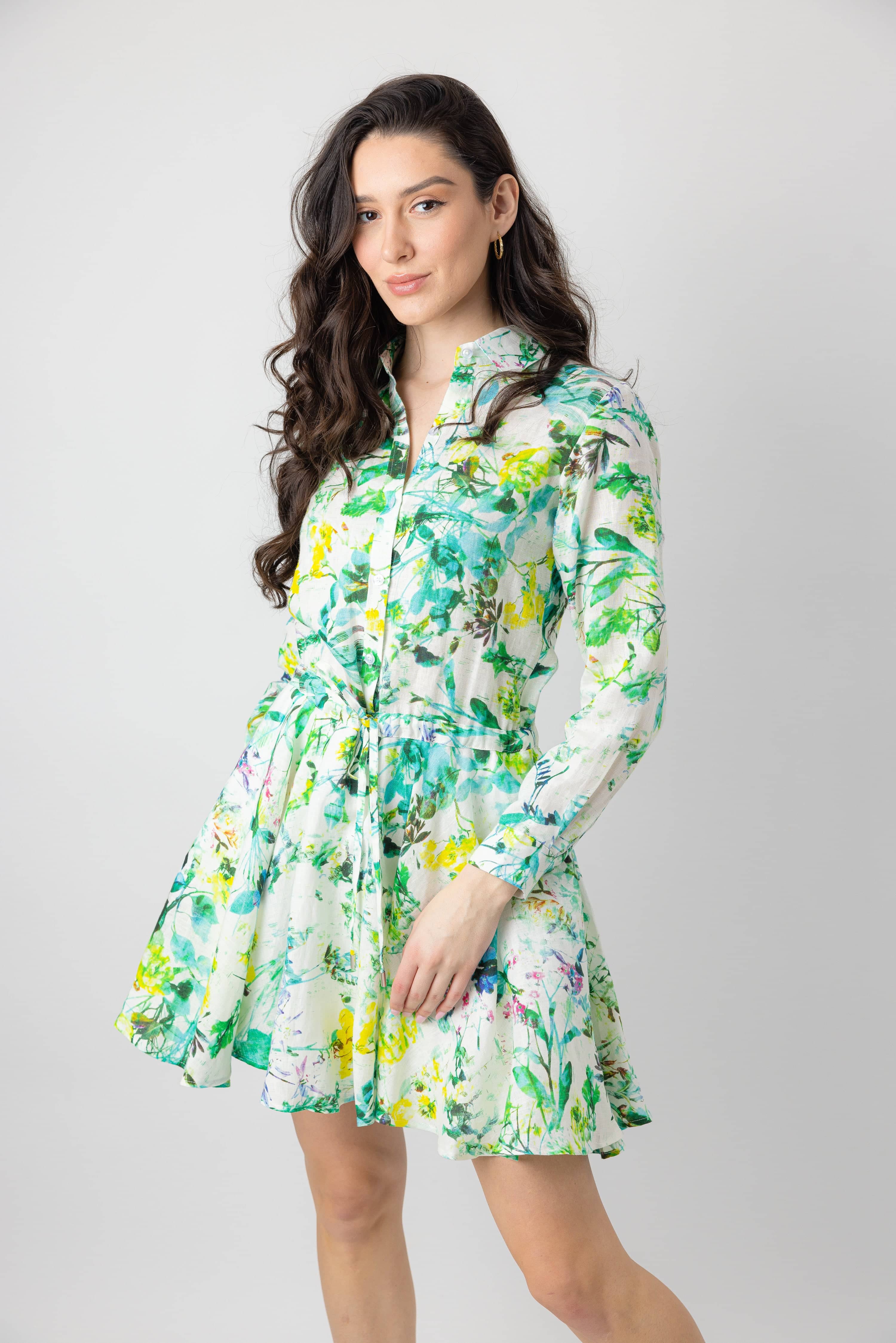 monaco linen dress in green floral - luxury women's dress