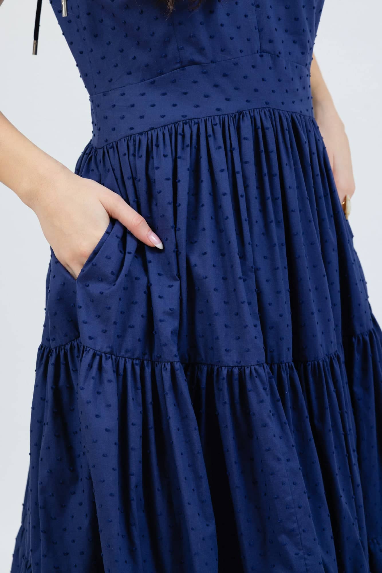 santorini maxi dress in navy by cari capri - design details