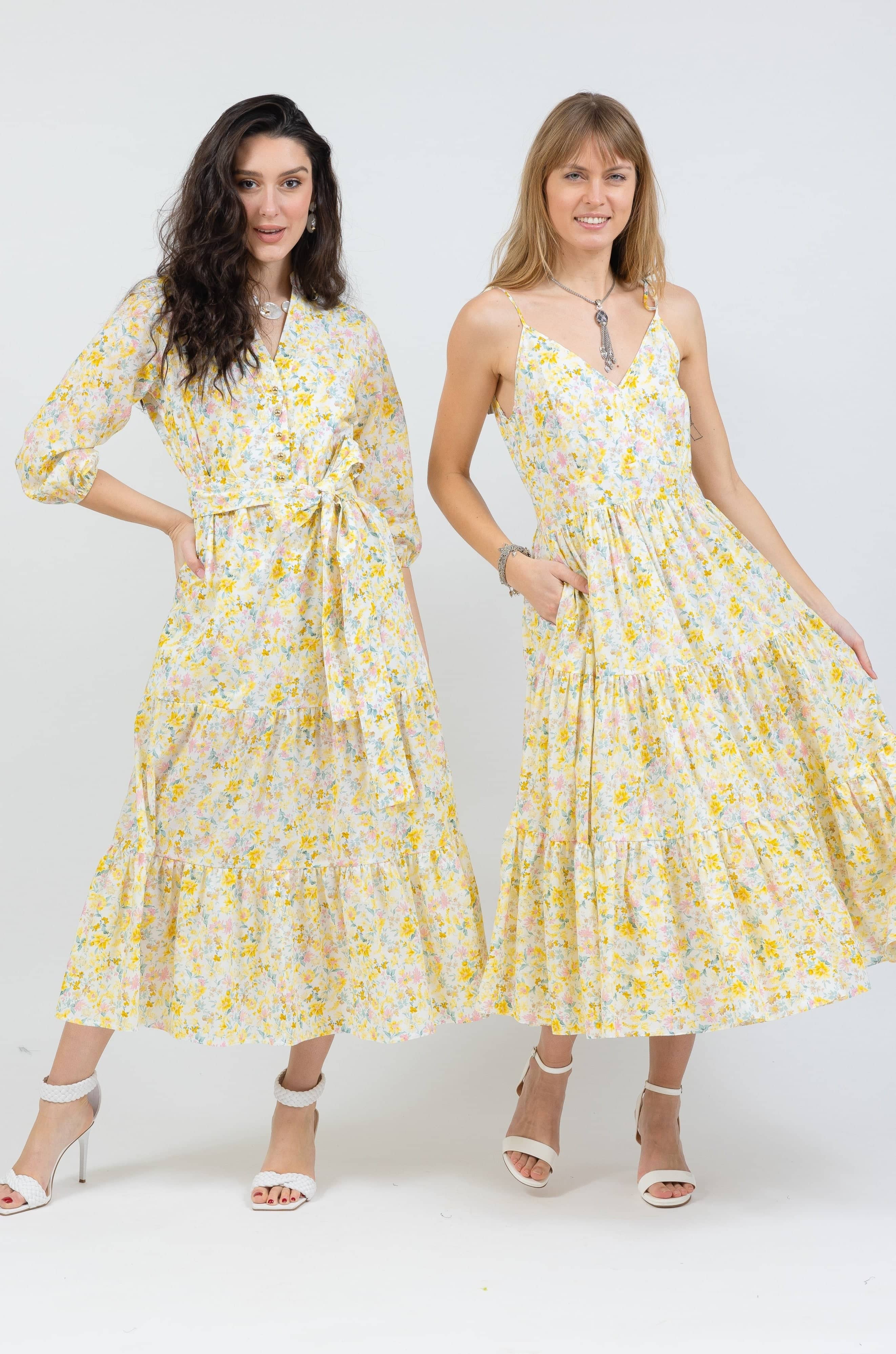strappy maxi dress in yellow floral - luxury women's dress