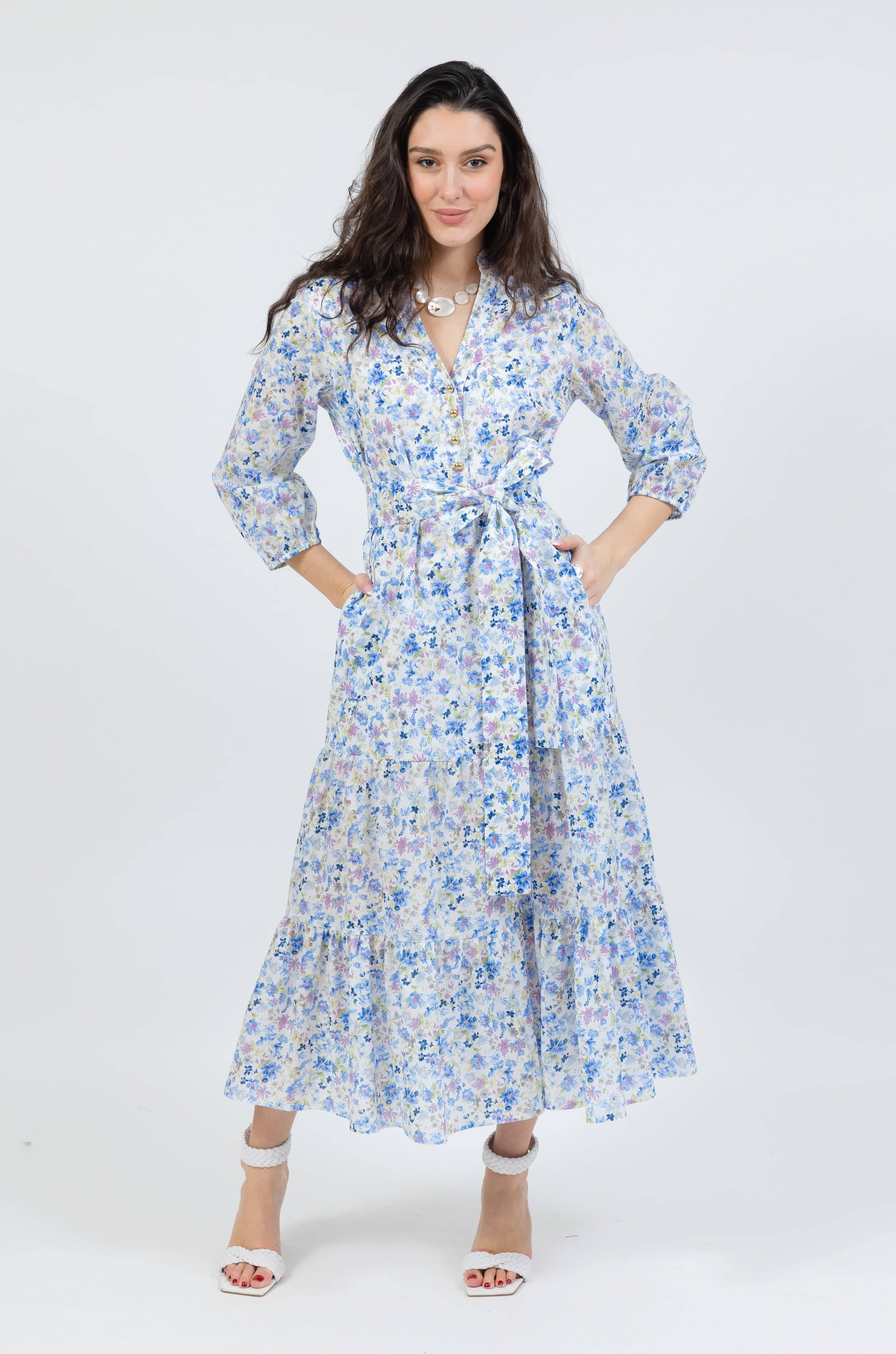 belted maxi dress in blue floral - front
