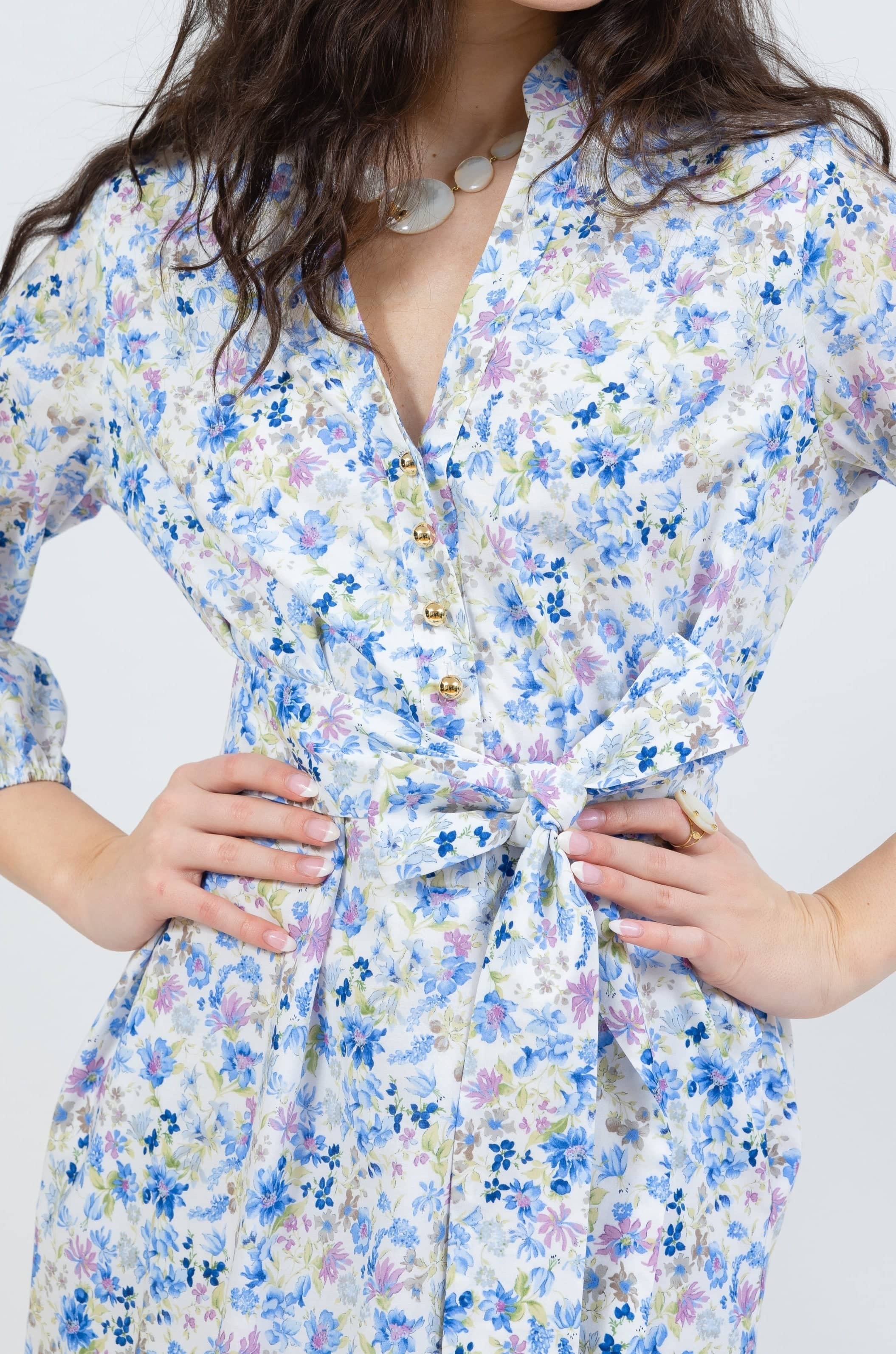 belted maxi dress in blue floral - pattern view