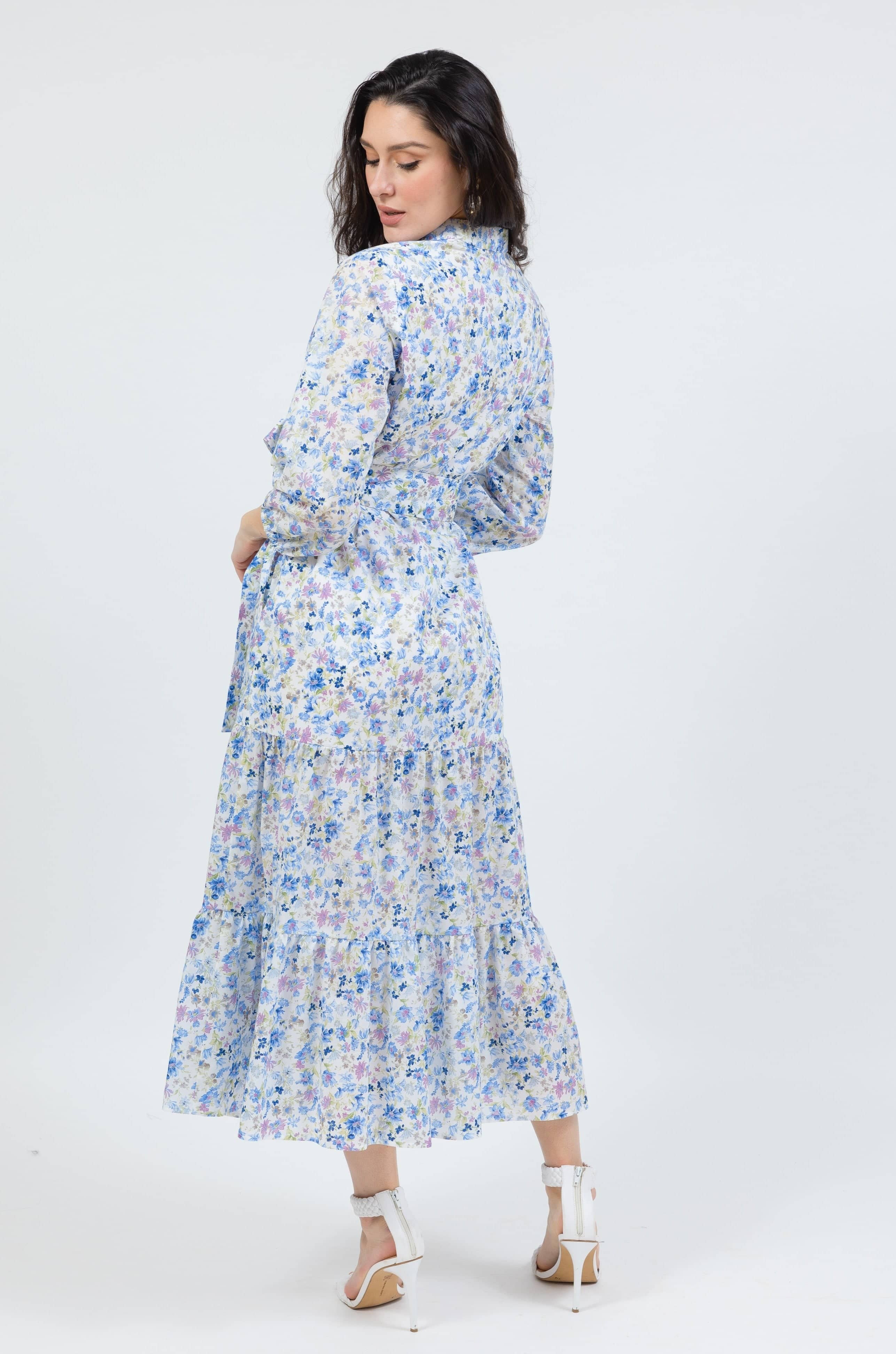 belted maxi dress in blue floral - back