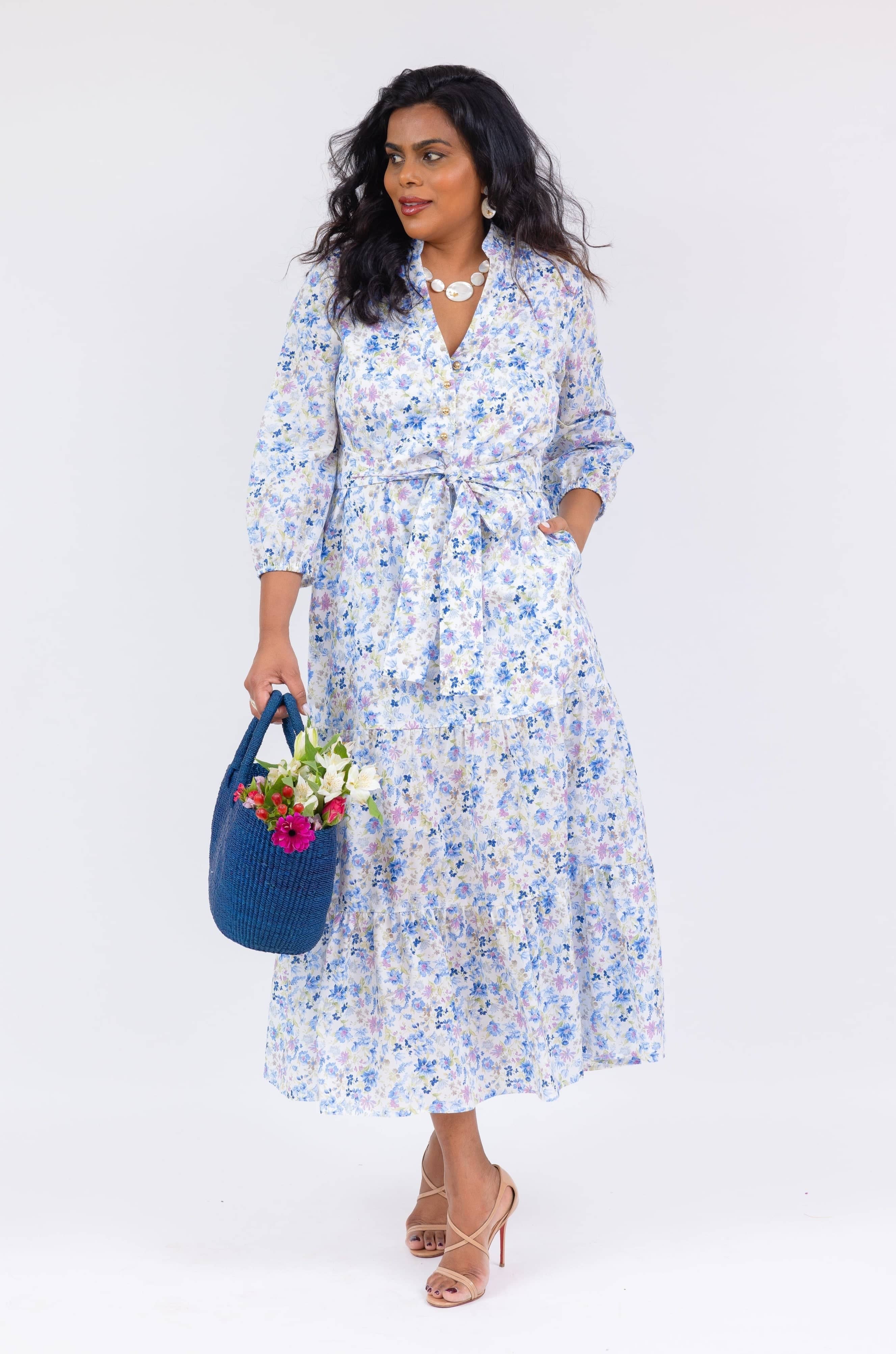 belted maxi dress in blue floral - luxury women's dress